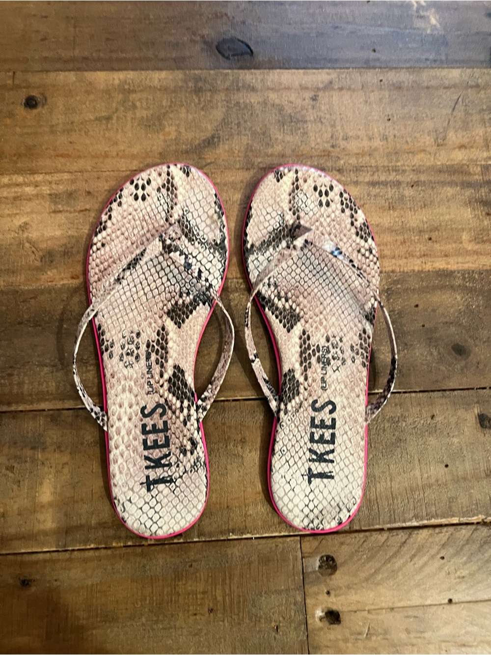 TKEES Snake-Print Flip Flop Sandals in Pink and Neutral